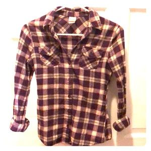 Cute purple, beige, pink, plaid button down, XS